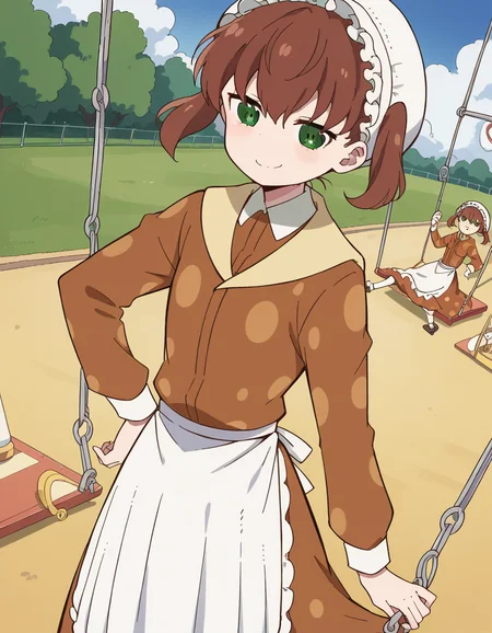 score_9, score_8_up, score_7_up, source_anime, <lora:nae-saikawa-s2-ponyxl-lora-nochekaiser:1>, nae saikawa, bangs, brown hair, hair between eyes, twintails, green eyes,, skirt, shirt, long sleeves, hat, collared shirt, apron, white headwear, polka dot, waist apron, white apron, frilled apron, brown shirt,, public park, playground, swing set, laughter, sunny day, smile, , smug, hand on hips,, solo,, dutch angle,