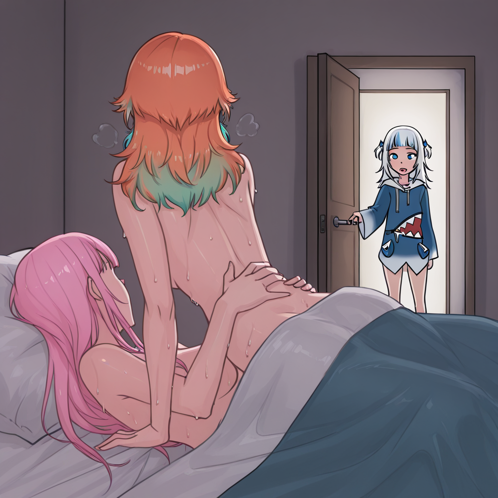 masterpiece, best quality, 
precurentr, multiple girls, 3girls, mori calliope, takanashi kiara, gawr gura, nude, naked sheet, clothed male nude female, clothed female nude female, shoulder blades, back, bedroom, indoors, bed, on bed, under covers, pillow, bed sheet, blanket, open door, doorway, walk-in, caught, lying, on back, girl on top, torso grab, looking at another, opening door, smoking, sweat, breath, heavy breathing, yuri, hetero, implied sex, after sex, netorare, convenient arm, convenient censoring,