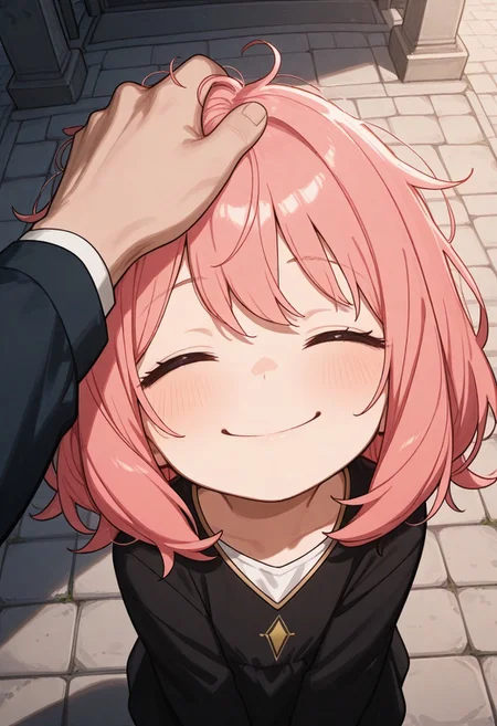 masterpiece, by piaki,  best quality, very detailed, 
1 girl, Anya forger, pink hair, child, closed eyes, happy, smiling, messy hair,
Outdoor, temple, 
1 male, faceless male, top view, from above, head pat,