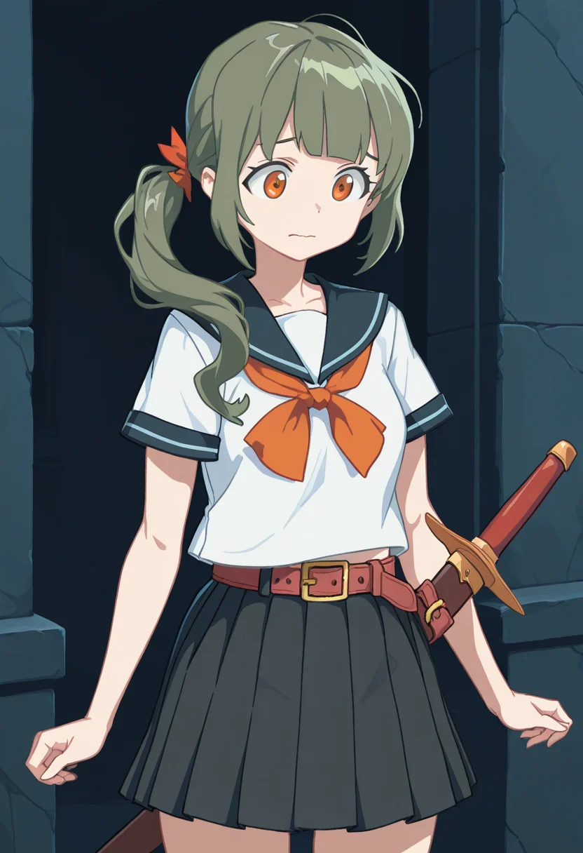 1girl, solo, lrheroine, green hair, side ponytail, long hair, blunt bangs, hair ribbon, orange eyes, shirt, short sleeves, sailor collar, neckerchief, pleated skirt, school uniform, belt, sheathed sword, old_ruins, nervous, cowboy shot, straight on,