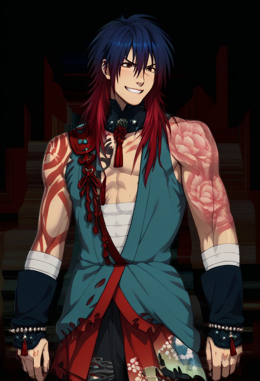 score_9, score_8_up, score_7_up, source_anime, highly detailed, 
koujaku, 1boy, male focus, solo, blue hair, red hair, gradient hair, multicolored hair, long hair, torn clothes, sarashi, midriff sarashi, tattoo, gloves, fingerless gloves, beads, muscular, choker, grin, evil,
indoor, ruins,