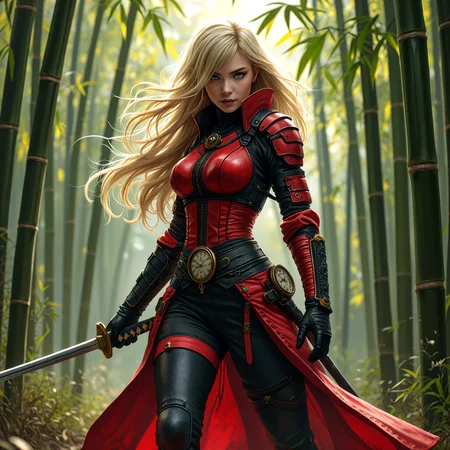 A dynamic and powerful ninjapunk warrior stands in a bamboo forest, her red and black armor contrasting with the natural surroundings. She wields a katana, her blonde hair flowing freely as she moves with a graceful and confident stride. Her outfit is adorned with intricate details, including a belt with a clock and a decorative medallion, and she wears black gloves. The scene is set in a bamboo forest, with tall bamboo stalks and leaves forming a natural backdrop. The ninja style dynamic_pose is focused, exuding a sense of readiness and strength. <lora:artist/style of H. R. Giger FLUX 295-000006.safetensors:1.0>, style of H. R. Giger, <lora:flux_trainer/fluxPunk_v12_rank16_bf16>, <lora:flux/ARTifacts>, <lora:flux/flux_realism_lora>, <lora:flux_trainer/fluxPunk_v12>