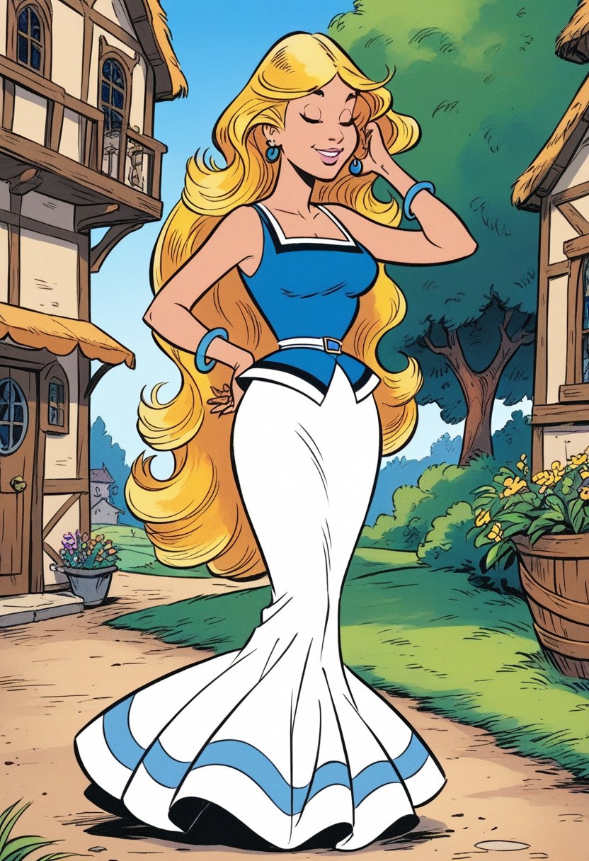 score_9, score_8_up, score_7_up, best quality, masterpiece, falbala, 1girl, solo, blonde hair, very long hair, blue earrings, bare shoulders, cleavage, medium breasts, blue shirt, blue bracelet, white belt, white long skirt, closed eyes, full body, smile, hand on hip, hand in hair, sexy posing, outdoors, medieval village, detailed background