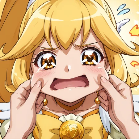 score_9, score_8_up, score_7_up, score_6_up, source_anime, source_hentai,
yellow sparkling background,
<lora:cheek_pinching_and_mouth_pull_Pony:1.0>, cheek pinching, pinching, pov,
<lora:curepeace.pony:1>, curepeace, blonde hair, flying_sweatdrops,