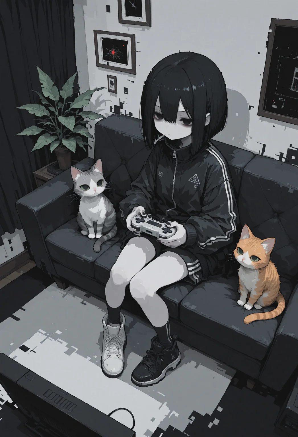 masterpiece, best quality, good quality, very awa, very aesthetic, absurdres, newest, 8k, HDR, focused subject, oc-chan_(ketopon), 1girl, solo, black hair, bob cut, hair between eyes, black eyes, solid eyes, expressionless, pale skin, black tack jacket, track pants, no shoes, socks, mismatched footwear, sitting, on couch, pigeon toed, leg support, holding, game controller, nail polish, modern interior, closed curtains, decorative plant, living room, from above, perspective, low light, film grain, dark room, shadows, animal, ginger cat with green eyes, indoors, (glitch art), pixel art, fisheye, no lineart, no outline, blending, r17329_illu,S4bit4mago_illu