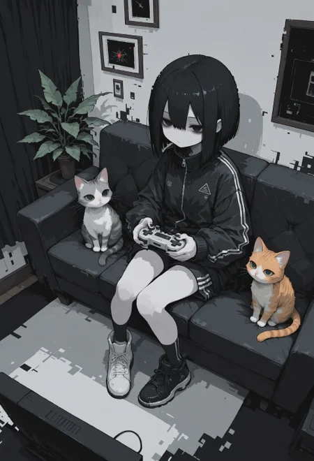 masterpiece,  best quality, good quality, very awa,  very aesthetic, absurdres, newest, 8k, HDR, focused subject, oc-chan_(ketopon), 1girl, solo, black hair, bob cut, hair between eyes, black eyes, solid eyes, expressionless, pale skin, black tack jacket, track pants, no shoes, socks, mismatched footwear, sitting, on couch, pigeon toed, leg support, holding, game controller, nail polish, modern interior, closed curtains, decorative plant, living room,  from above, perspective, low light, film grain, dark room, shadows,  animal, ginger cat with green eyes,  indoors, (glitch art), pixel art, fisheye, no lineart, no outline, blending, r17329_illu,S4bit4mago_illu