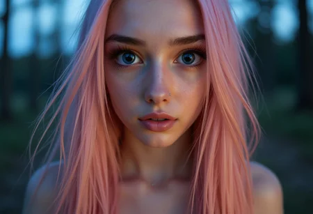 ultra realistic detailed ultra close-up shot: gazing deep into the huge beautiful eyes of a sexy and alluring raver girl with long light pink hair. Glittery pink eyeshadow and winged eyeliner frame her big expressive blue eyes with dilated pupils and long eyelashes. She gazes toward the viewer with a sexy eyes half shut look and smiles seductively with her soft pink lips, her facial expression exuding unbridled lust. She blushes, flushing her cheeks as the moon bathes the sharp features of her beautiful heart-shaped face in a gentle glow. She has a small nose ring. The extremely pale white skin of her bare shoulders is softly illuminated by the moonlight. Moonlit forest glen background. The image conveys a sense of sensuality and desire. aidmafluxpro1.1