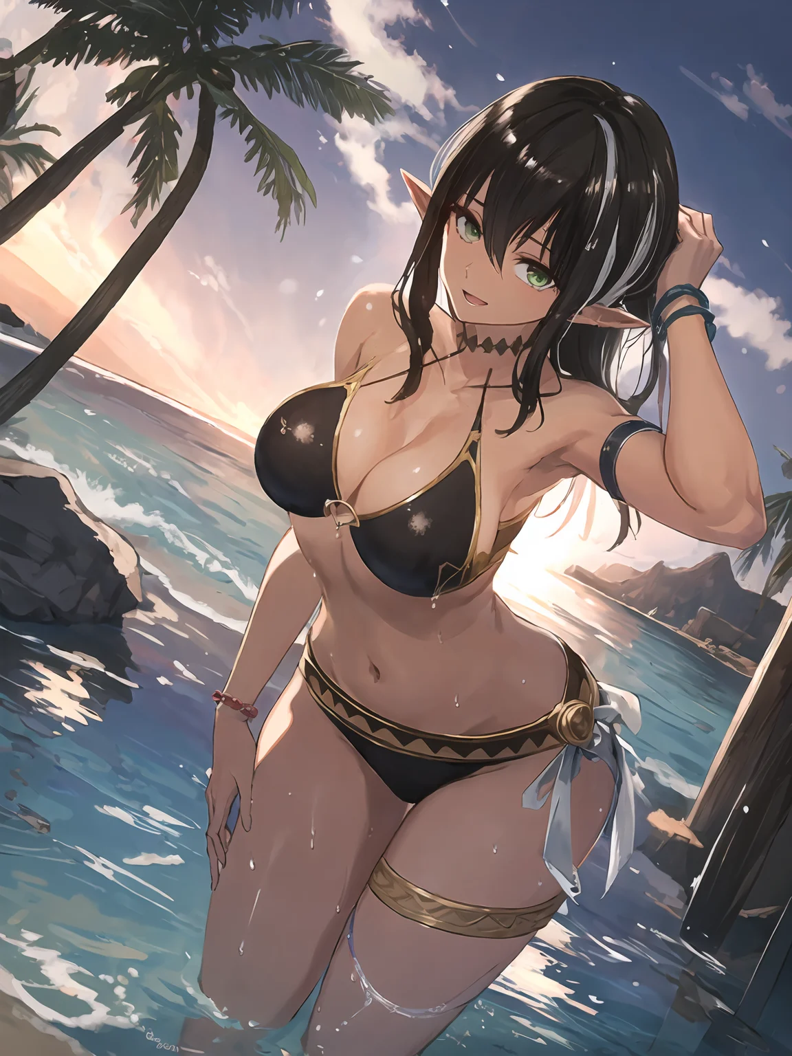 masterpiece,best quality,highres,cinematic lighting,dramatic angle,1girl,<lora:ShadowverseAishaV1:0.8:lbw=jiangshi3>,dark skin,black hair,streaked hair,pointy ears,green eyes,bikini swimsuit,belt,bracelet,beads,thigh strap,ribbon,looking at viewer,ocean,wet,in water,:d,sunshine,seaside,adjusting hair,bent over