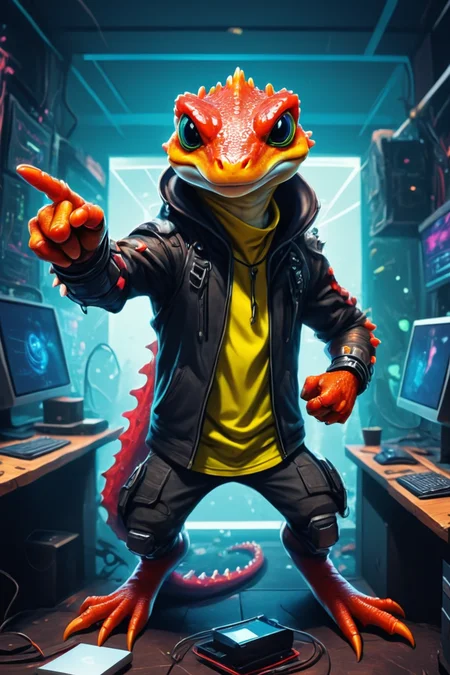 Detailed digital illustration of an anthro Salamander (Pointing with confidence to distance) at a Virtual reality hacker den with chaotic interfaces, <lora:xl_more_art-full_v1:0.5>, <lora:anthro_muscular:0.7> , <lora:madpunk:0.4> madpunk