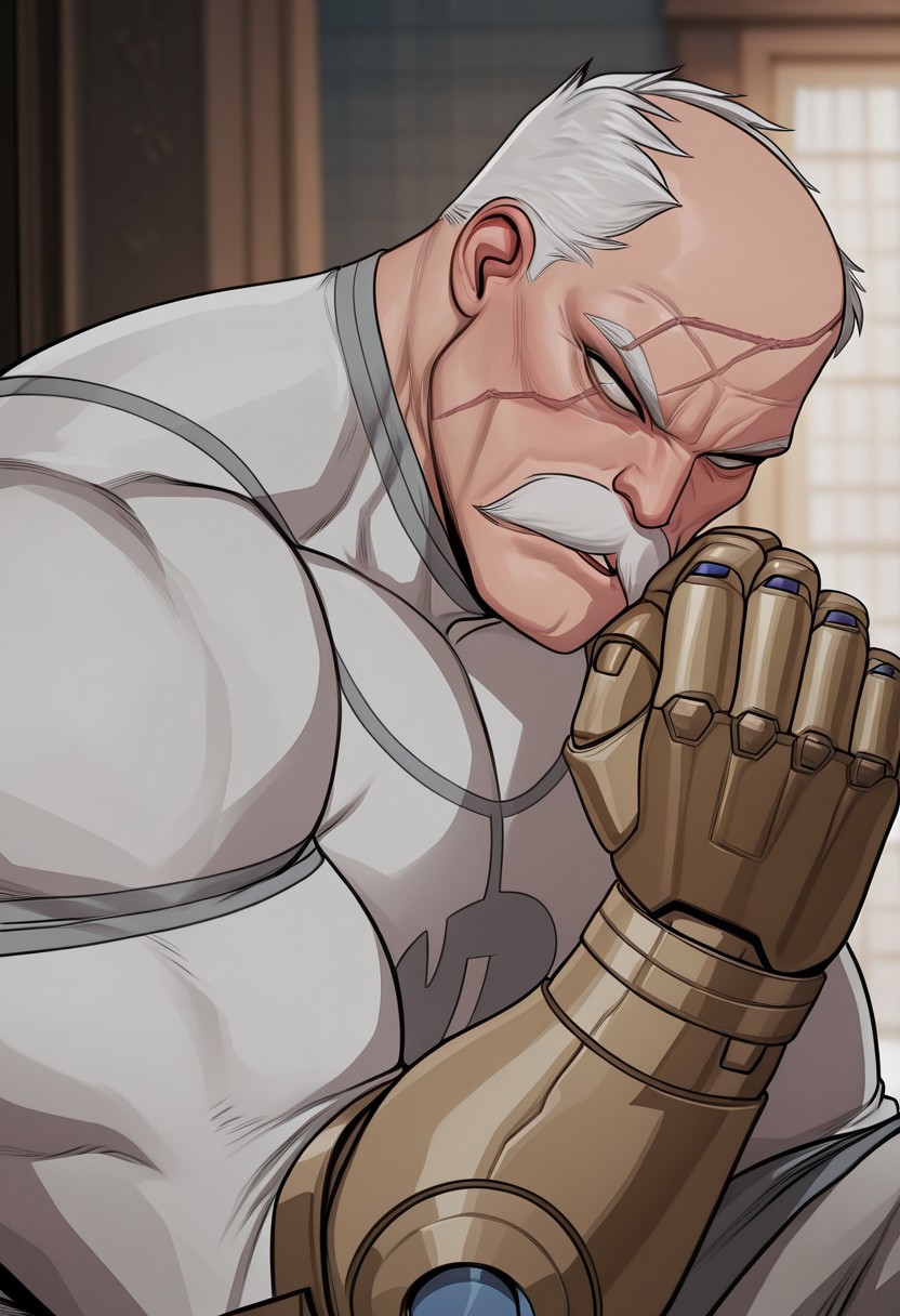 masterpiece, best quality, newest, absurdres, highres, cherry-gig,
1boy, Conquest-ISV-V1.0 old man, white hair, mustache, facial hair, scar, blind eye, single mechanical arm,