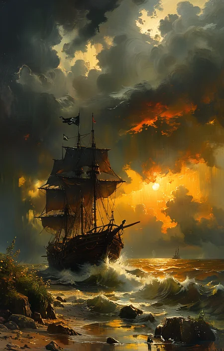 masterpiece,best quality,<lora:tbh102-sdxl:0.6>,Pirate ship in middle of bad weather , detailed oil painting, unreal 5 render, rhads, sargent and leyendecker, savrasov levitan polenov, bruce pennington, studio ghibli, tim hildebrandt, digital art, landscape painting, octane render, beautiful composition, trending on artstation, award winning photograph, masterpiece, seekart style,style of Andreas Achenbach,