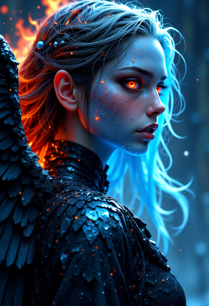 mythp0rt, Misty Valley, a close-up of a mysterious female entity, one half of her body and face is beautiful fire goddess angelic appearance, red eyes, flaming hair, the other half of her body and face is frozen, blue icy skin, glowing eye and hair are freezing from cold, cold breath, on her back are wings corresponding to each part of the body. cold atmosphere, cinematic, masterpiece, clear focus.<lora:FluxMythP0rtr4itStyle:0.8>
