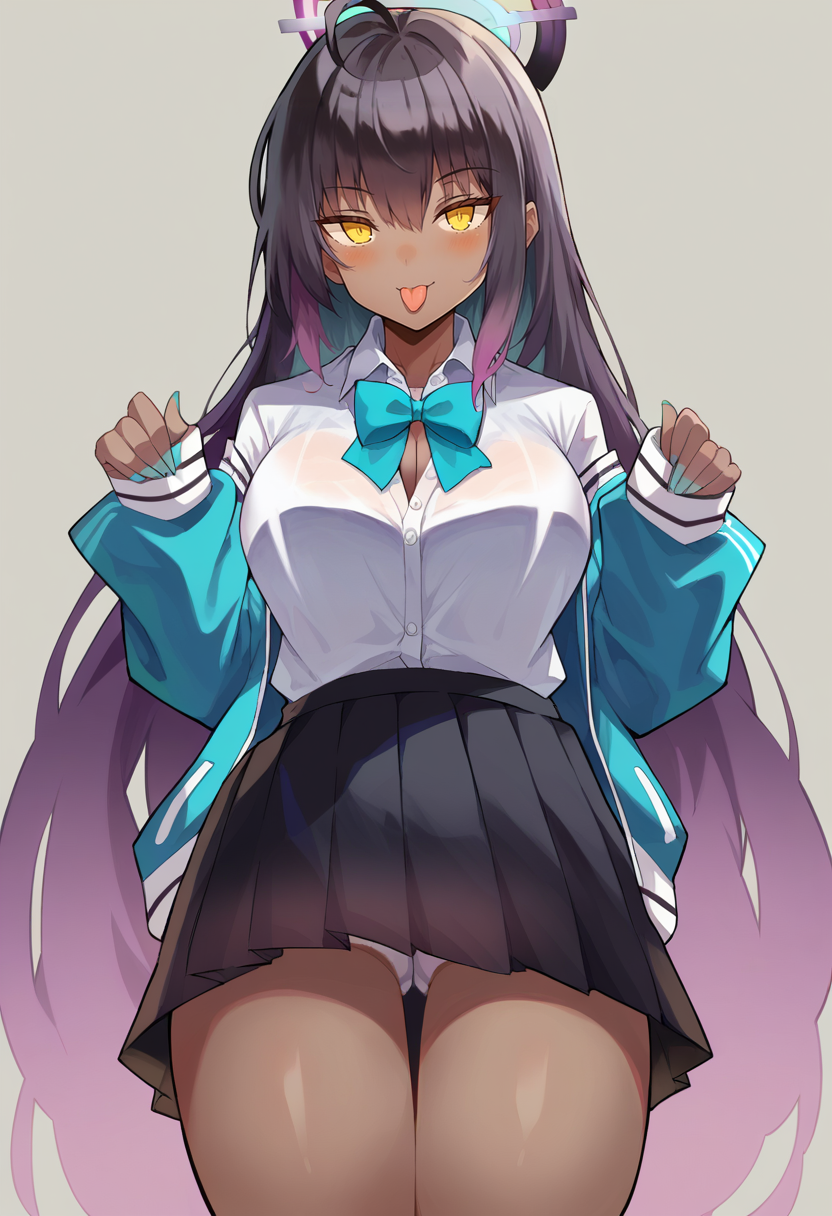 score_9, score_7_up, 1girl, :q, aqua bow, aqua bowtie, black skirt, blue cardigan, bow, bowtie, breasts, cardigan, collarbone, dark-skinned female, dark skin, gradient hair, grey background, halo, large breasts, long hair, looking at viewer, multicolored hair, pleated skirt, purple hair, simple background, skirt, solo, thighs, tongue, tongue out, very long hair, yellow eyes, karin (blue archive), karin \(blue archive\)    <lora:kekemotsu-Style-PonyXL-Dora-000031:1>