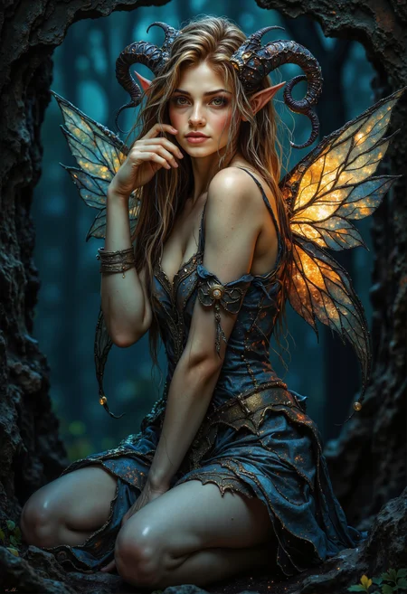 ArsMJStyle, Stained Glass,dark fantasy, eerie,. (A Full body shot :1.5) of a breathtaking young elf with delicate, stained glass butterfly wings, glowing softly as they catch the light. She kneels in a delicate pose, one hand resting on her lap while the other touches the soft grass . Her skin is smooth, flawless, and radiant, with a soft, silky texture and no visible imperfections. The stained glass wings shimmer with intricate patterns, capturing the light like a prism. Her expression is serene, with a peaceful smile, while her hair rests softly on her shoulders, shining under the moonlight. Highly detailed, photorealistic, sharp focus, volumetric lighting, realistic shadows, ultra-high definition, and cinematic atmosphere. , <lora:StainedGlassFlux.safetensors:1.0:1.0> <lora:fantasy-flux-v1.safetensors:1.0:1.0> <lora:Flux Darkfantasy_epoch_1.safetensors:0.75:0.75>