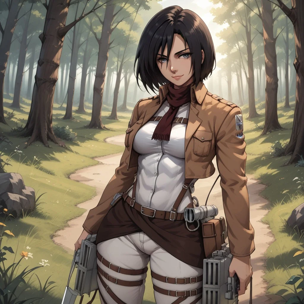 score_9, score_8, BREAK, solo, mikasa ackerman, 1girl, grey eyes, medium hair, black hair, bangs, short brown jacket, long sleeve white shirt, grey fitted pants with straps, brown thigh boots, breasts, masterpiece, shingeki no kyojin, sexy pose, self portrait, smile, outdoors, sunlight, shadows, evening lighting, natural lighting, forest, trees, grass, orange sky, sunset