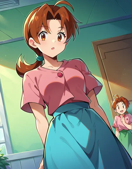 score_9, score_8_up, score_7_up, source_anime,
deliaketchum, <lora:delia-ketchum-ponyxl-lora-nochekaiser:1>
deliaketchum, brown hair, brown eyes, parted bangs, ahoge, ponytail, low ponytail,
shirt, pink shirt, short sleeves, skirt, blue skirt, long skirt,
indoors,
looking at viewer, cowboy shot, dutch angle,