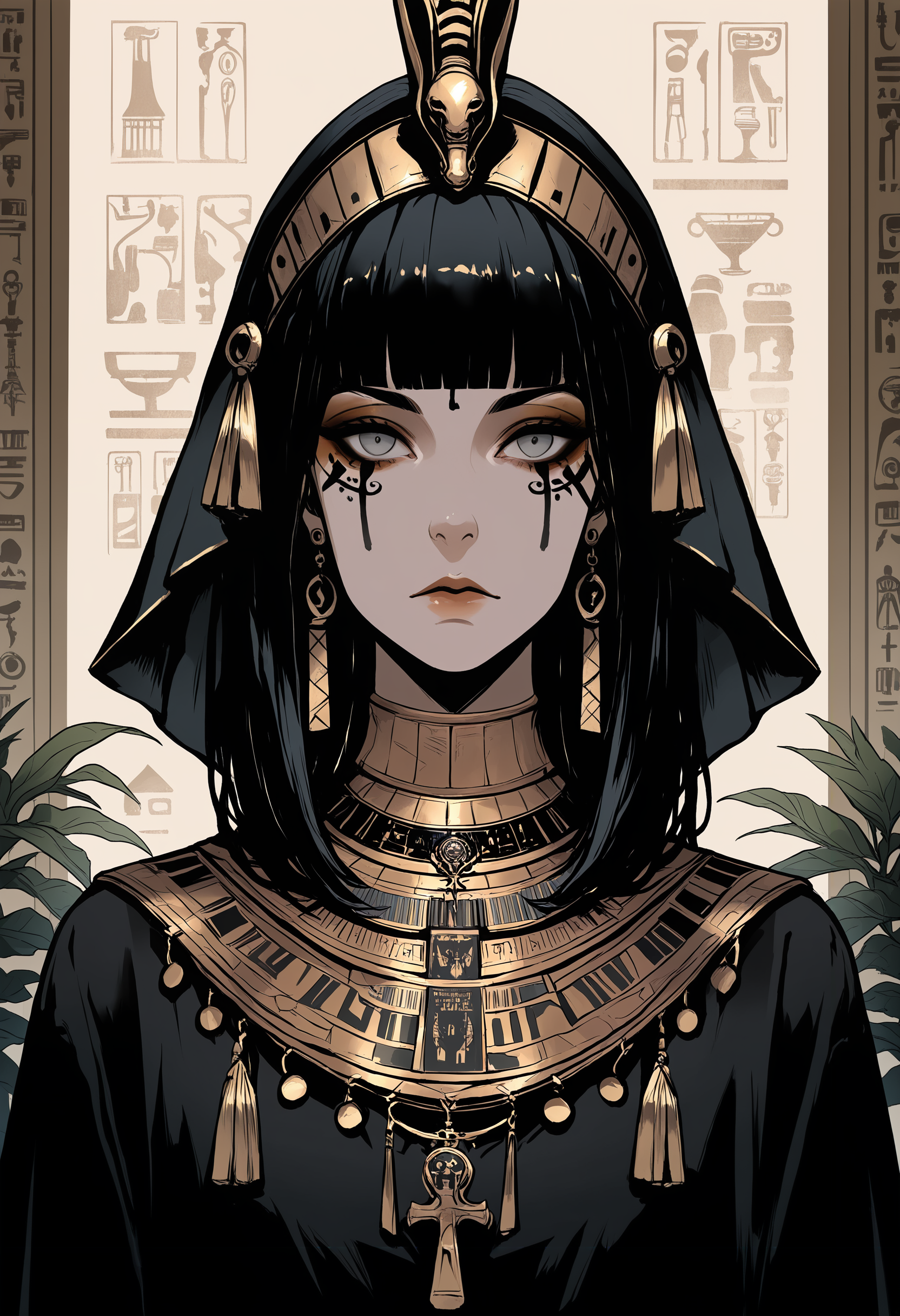 masterpiece, best quality, good quality, very awa, very aesthetic, absurdres, newest,1girl, solo, long hair, looking at viewer, black hair, closed mouth, jewelry, upper body, earrings, medium hair, blunt bangs, necklace, black eyes, grey eyes, lips, expressionless, facial mark, plant, tassel, straight-on, headdress, facepaint, facial tattoo, egyptian, egyptian clothes, tribal, Hieroglyphic background wall, dark_comic_fantasy_noir <lora:ponyv6_noobV1_2_adamW-000017:0.7> <lora:USNR_STYLE_XL_lokr:0.45> <lora:dark_comic_fantasy_noir_illustriousXL-000021:0.45>