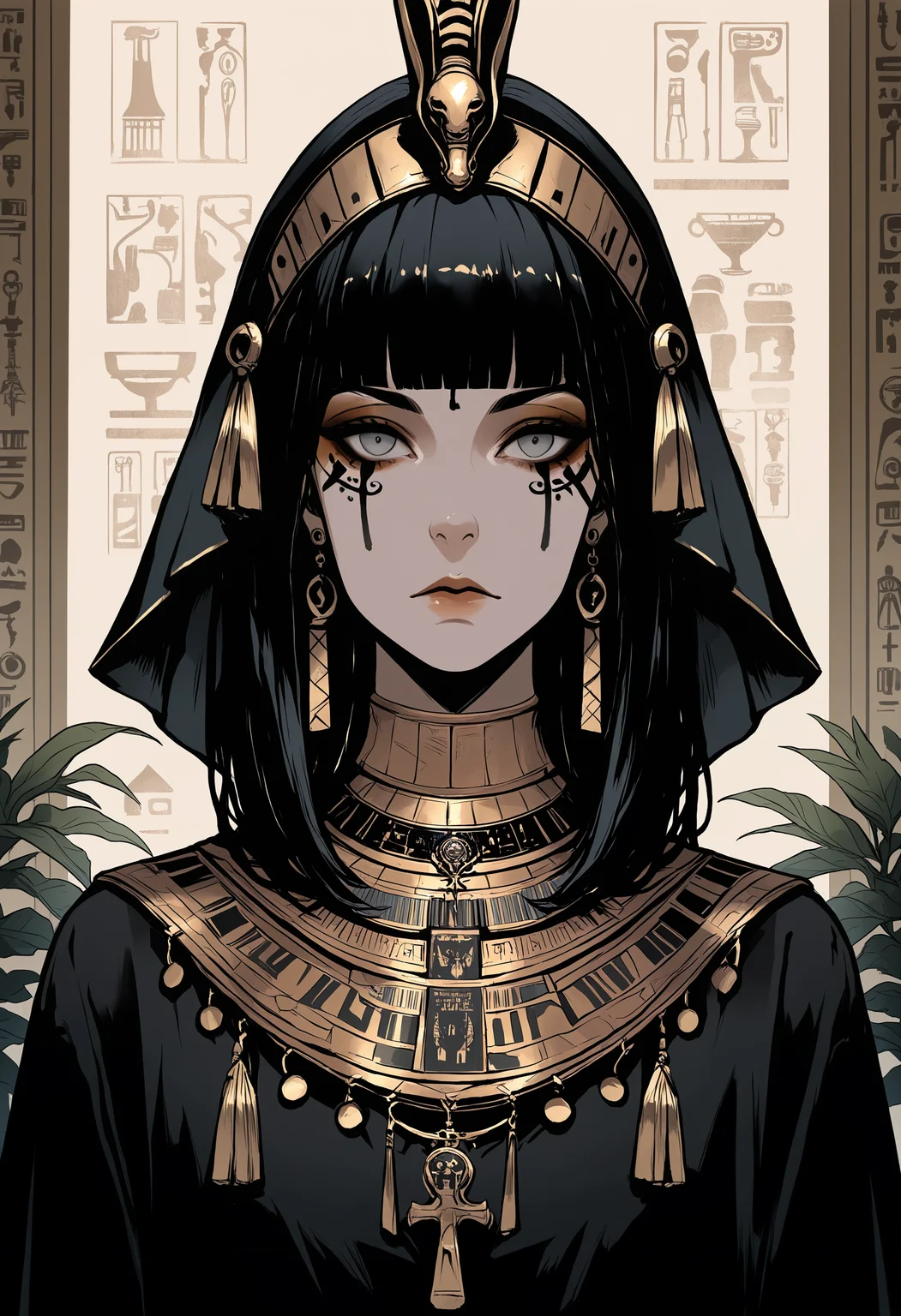 masterpiece, best quality, good quality, very awa, very aesthetic, absurdres, newest,1girl, solo, long hair, looking at viewer, black hair, closed mouth, jewelry, upper body, earrings, medium hair, blunt bangs, necklace, black eyes, grey eyes, lips, expressionless, facial mark, plant, tassel, straight-on, headdress, facepaint, facial tattoo, egyptian, egyptian clothes, tribal, Hieroglyphic background wall, dark_comic_fantasy_noir <lora:ponyv6_noobV1_2_adamW-000017:0.7> <lora:USNR_STYLE_XL_lokr:0.45> <lora:dark_comic_fantasy_noir_illustriousXL-000021:0.45>