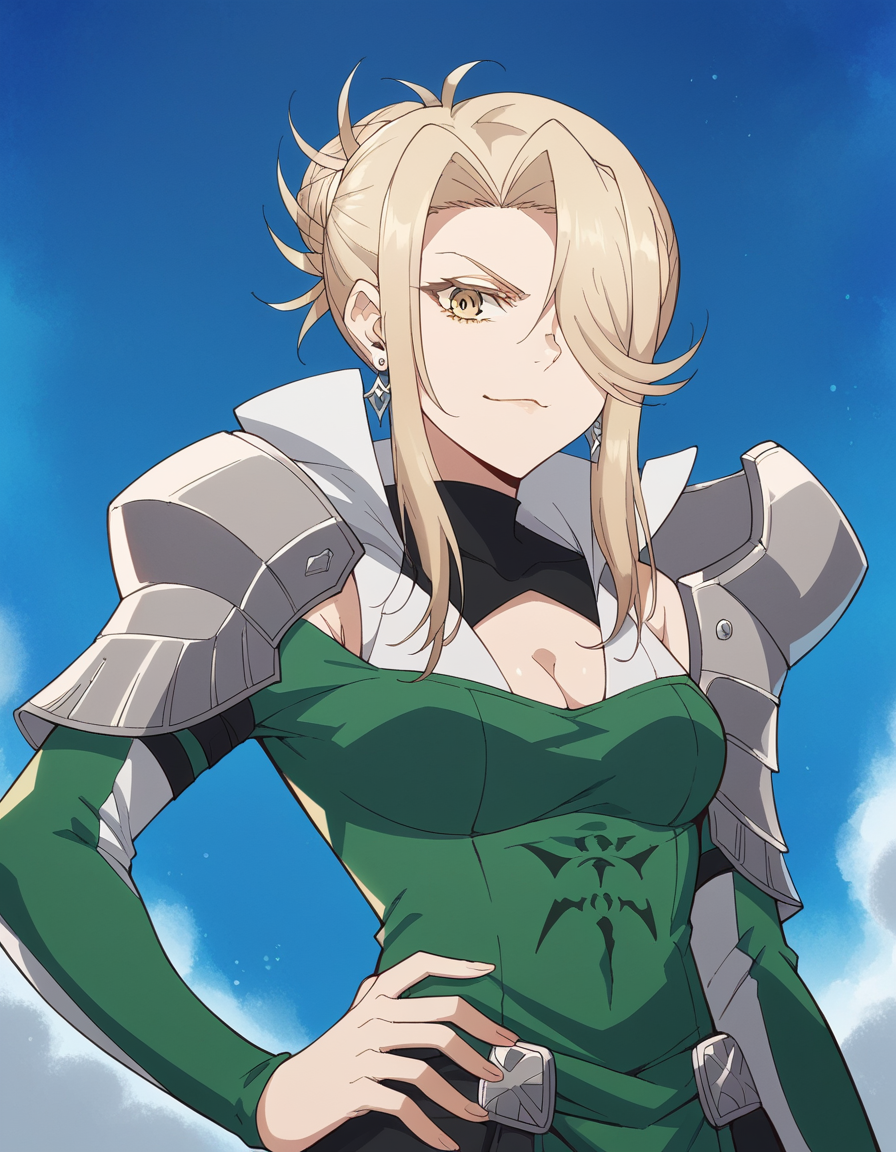 score_9, score_8_up, score_7_up, source_anime, <lora:vicious-s1-ponyxl-lora-nochekaiser:1>, vicious, long hair, blonde hair, medium breasts, yellow eyes, hair over one eye, hair bun, single hair bun, parted bangs, sidelocks, cleavage, jewelry, earrings, armor, clothing cutout, laundry day, clothesline, drying clothes, domestic life, fresh air, blue sky, , , smug, hand on hips,, solo,, cowboy shot, dutch angle
