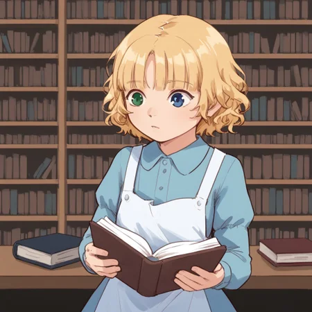 riley-davis, w0rm, blonde hair, 1girl, solo, blue eyes, heterochromia, green eyes, short hair, dress, apron, in the library reading a book