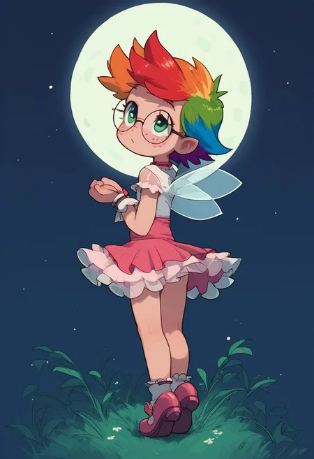 (score_9, score_8_up, score_7_up), 1girl, 28yo woman, seethrough, magical girl outfit, short hair, (rainbow colored hair:1.3), green eyes, round glasses, freckles, intelligent eyes, tall, bright eyes, candy hairpin, pretty face, clever, hmph, fairy wings, looking up, outside, night, dappled moonlight, volumetric lighting, vivid colours, Expressiveh, g0thicPXL, glowing, neon, Boli, possmach, full body, supercloseup, from behind, wind blowing up skirt, cute butt,