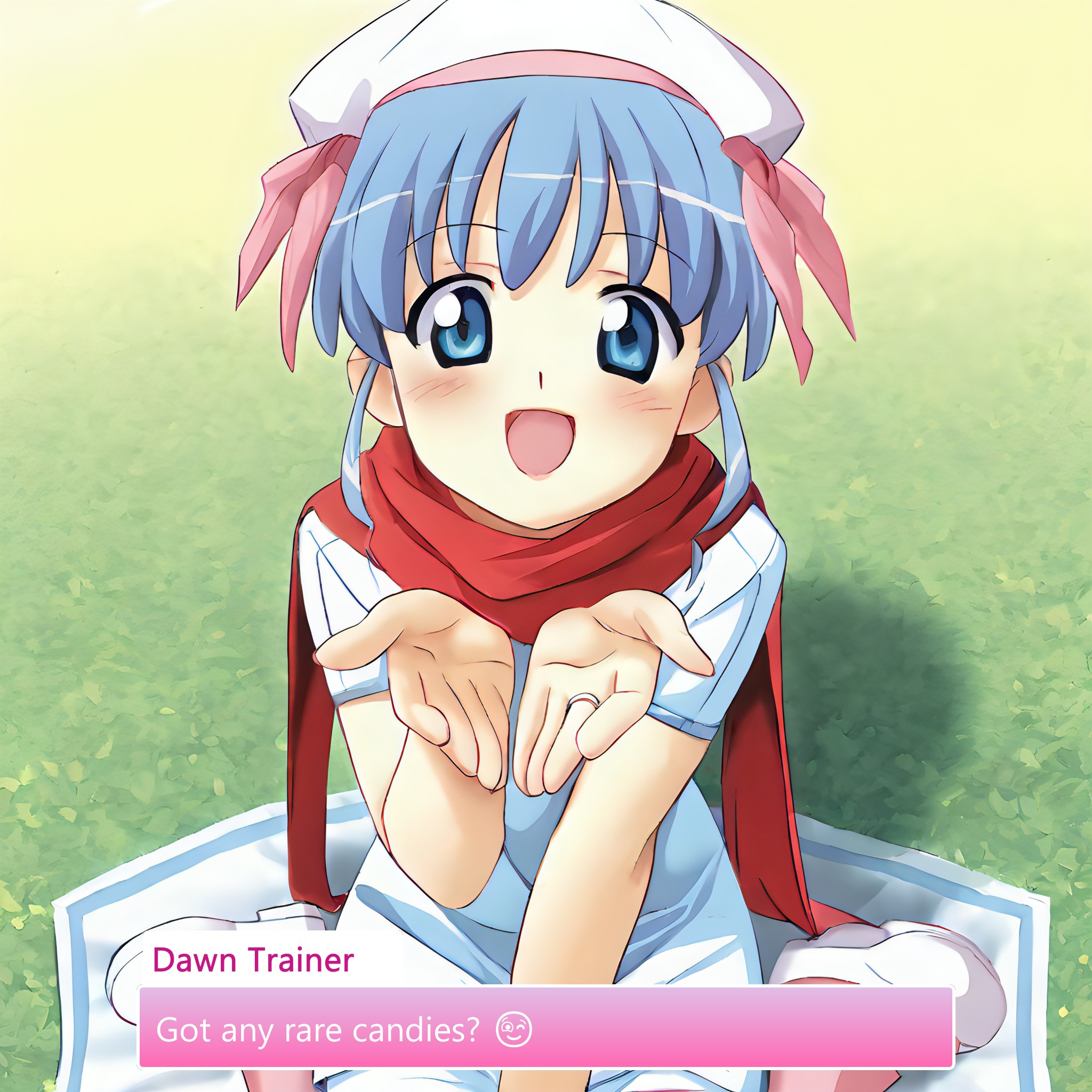 nsfw, highres, best quality, masterpiece, fairy tale kawaii style 1girl, sitting on ground, blowing a kiss, smiling, in love, happy, picnic, nature background, ribbon hair, wedding ring, golden necklace, stockings, heart background, pink and red hearts, cute, adorable, brightly colored, cheerful, anime influence, highly detailed, magical, fantastical, enchanting, storybook style, highly detailed, haiz ai, Dawn Trainer, Blue hair, Shoulder-length hair, Two yellow hair clips, Blue eyes, Fair skin, Pink miniskirt, Black top, Pink boots, White beanie hat, Red scarf, hikari