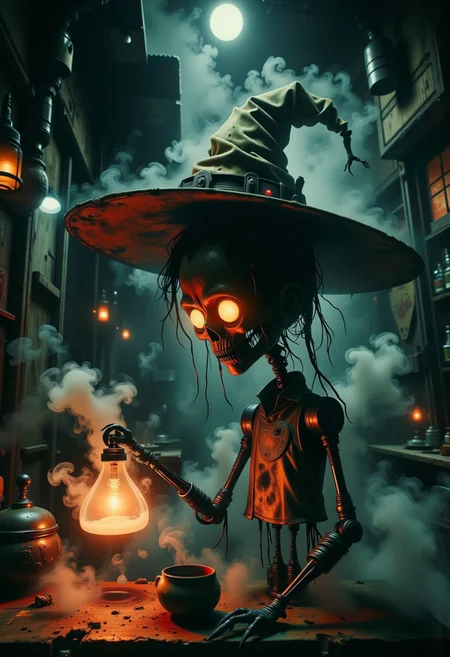 Ghostlystyle, a cute robot zombie wizard, conjuring a ligthning, dimly lit, professional, high quality, 8k