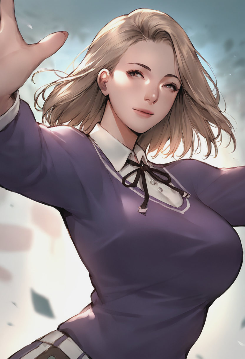 source_anime, score_9, score_8_up, score_7_up, 1girl, mature_female, large_breasts, portrait, solo, Balancing with arms outstretched, dutch_angle, (Scarle Tie), Light Brown hair, portrait, rating_safe, <lora:pony\artist_styles\scarlett_ann_pony:0.9>