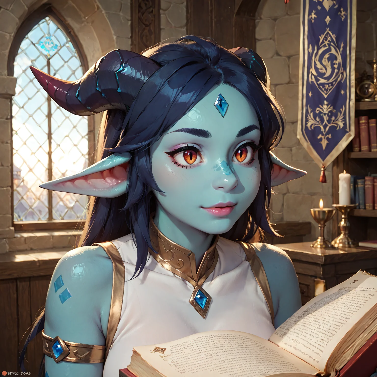 score_9, score_8_up, score_7_up, dragon woman, blue skin, dragon woman, medium breasts, mage robes, adventurer, face focus, dragon wings, close up, indoors, castle interior, banner, window, magic, book, mage  <lora:blue_dragon_lady_06_resized:0.8>