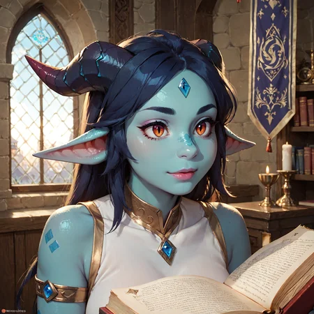 score_9, score_8_up, score_7_up, dragon woman, blue skin, dragon woman, medium breasts, mage robes, adventurer, face focus, dragon wings, close up, indoors, castle interior, banner, window, magic, book, mage <lora:blue_dragon_lady_06_resized:0.8>