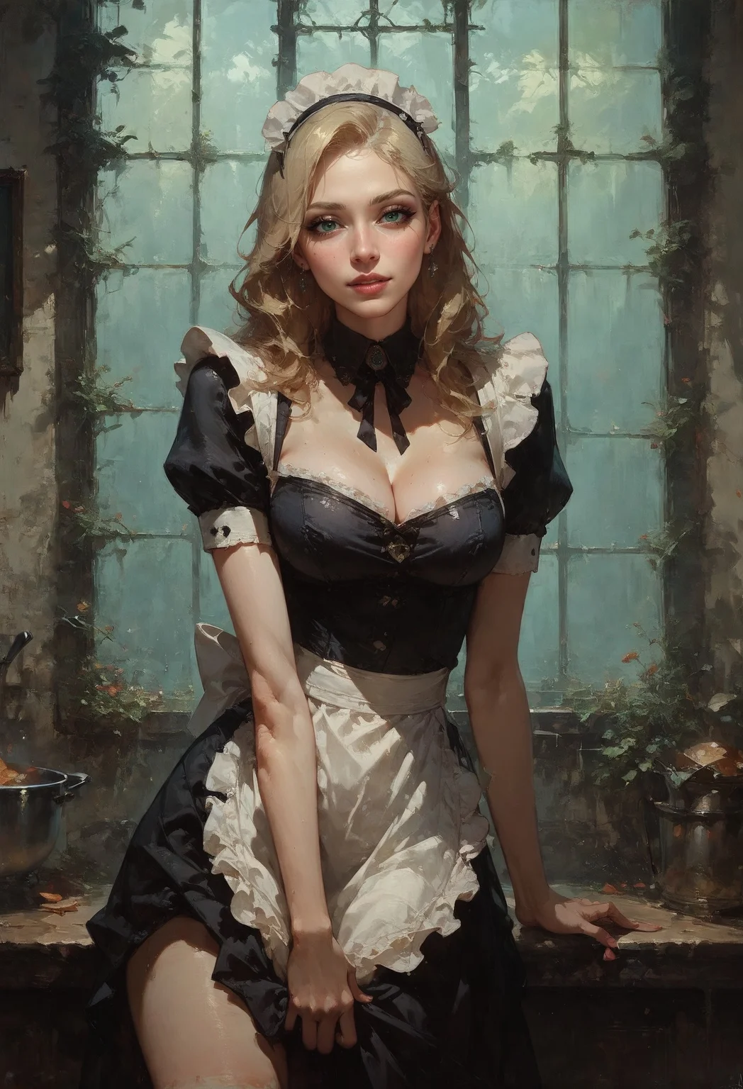 score_9, score_8_up, score_7_up, 1girl, score_9, score_8_up, score_7_up, 1girl, (solo:1.1), volumetric lighting, pastel colors, looking at viewer, pale skin, white skin, seductive body, long hair, blonde hair, housemaid apron, posing, cleavage, waist, kitchen, thick thighs, large hips, small waist, puffy lips, seductive look, blushing, eyeliner, eyeshadow, eyelashes, housemaid brim <lora:sdxl\vixon_pony_oil:0.7> d4rk01l, <lora:sdxl\Expressive_H-000001:0.8> expressiveH <lora:sdxl\Concept Art Twilight Style SDXL_LoRA_Pony Diffusion V6 XL:0.8>