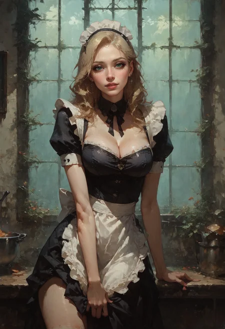 score_9, score_8_up, score_7_up, 1girl, score_9, score_8_up, score_7_up, 1girl, (solo:1.1), volumetric lighting, pastel colors, looking at viewer, pale skin, white skin, seductive body, long hair, blonde hair, housemaid apron, posing, cleavage, waist, kitchen, thick thighs, large hips, small waist, puffy lips, seductive look, blushing, eyeliner, eyeshadow, eyelashes, housemaid brim <lora:sdxl\vixon_pony_oil:0.7> d4rk01l, <lora:sdxl\Expressive_H-000001:0.8> expressiveH <lora:sdxl\Concept Art Twilight Style SDXL_LoRA_Pony Diffusion V6 XL:0.8>