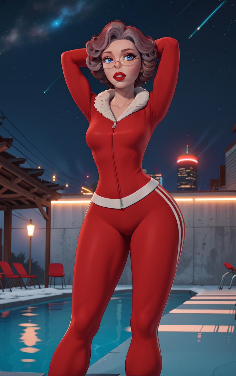 ((masterpiece, best quality)), insaneres, absurdres, solo, looking at viewer, 
RedDress_MrsClaus_ownwaifu, 
1girl, breasts, multicolored hair, short hair, makeup, red lips, blue eyes, lipstick, glasses, freckles, brown hair, curly hair, pink hair, wide hips, round eyewear, grey hair, lips, old woman, small breasts, 
track suit, red jacket, red pants, track pants, long sleeves, fur trim, zipper, red dress, striped pants,
(contrapposto, arms behind head), neon_lights, cityscape, star (sky), night, pool, outdoors, <lora:CARTOON_Ellio_MrsClaus_ownwaifu:0.8>,
 depth of field, light particles,