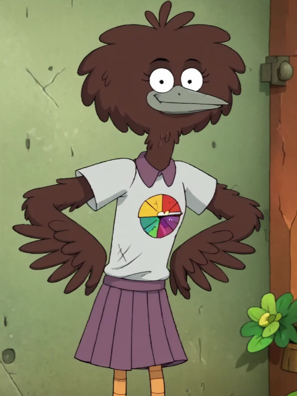 score_9, score_8_up, score_7_up,  score_6_up, BREAK, B1rd4nne, 1girl, solo, winged arms, beak, purple skirt, white shirt, looking at viewer, smile <lora:BirdAnne:0.8>