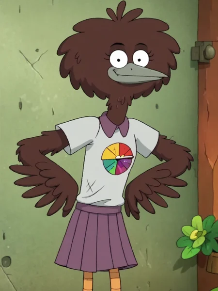 score_9, score_8_up, score_7_up, score_6_up, BREAK, B1rd4nne, 1girl, solo, winged arms, beak, purple skirt, white shirt, looking at viewer, smile <lora:BirdAnne:0.8>