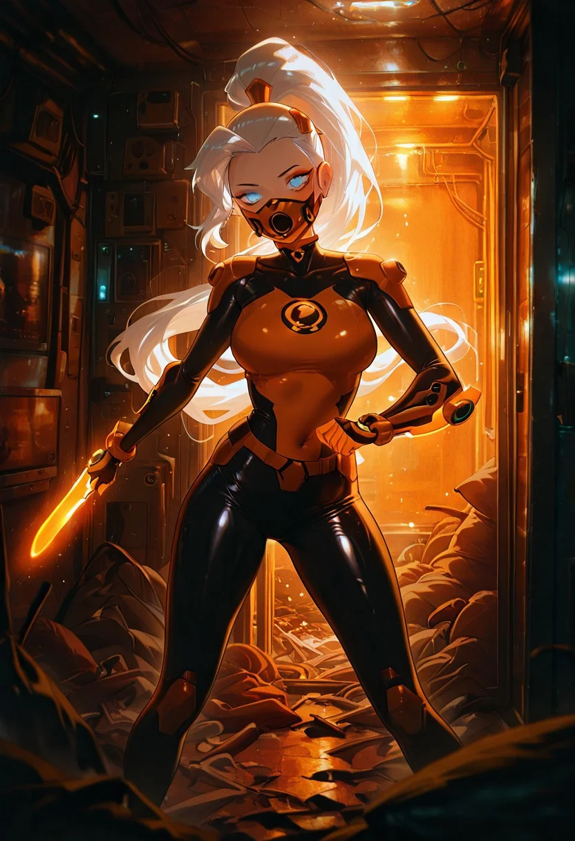 masterpiece, best quality, amazing quality, very aesthetic, absurdres, newest, ((screencap, parody, cartoon))
drewsat, 1girl, long hair, white hair, ponytail, blue eyes, makeup, lipstick, eyeshadow,
armor,, orange bodysuit
expressive face,
cyberpunk city, cyberpunk scene, futuristic mouth mask, mouth mask, futuristic mask, orange mask, arm blade, glowing orange blade, dynamic pose, inside room, dark room, messy room,