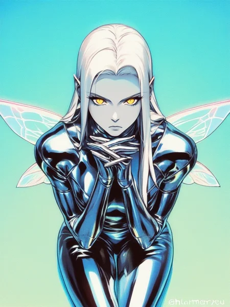 score_9, score_8_up, score_7_up, score_6_up, fairy wings, cute pose, sitting, long hair, yellow eyes, dynamic pose, looking at viewer, own hands together, simple background, from above,
<lora:Chromecore_style:0.8>, Chromecore, dark and blue background, vibrant colors, colorful, metal skin, expressionless, serious, chromecore, bright, dark vibes, dark fantas, armor, monochrome, colored skin, gradient,