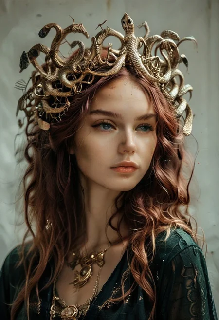 score_9, score_8_up, score_7_up, rating_safe, concept art, semi-realistic, 1girl, solo.
Young beautiful face, fit body, 
Medusa Tiara.