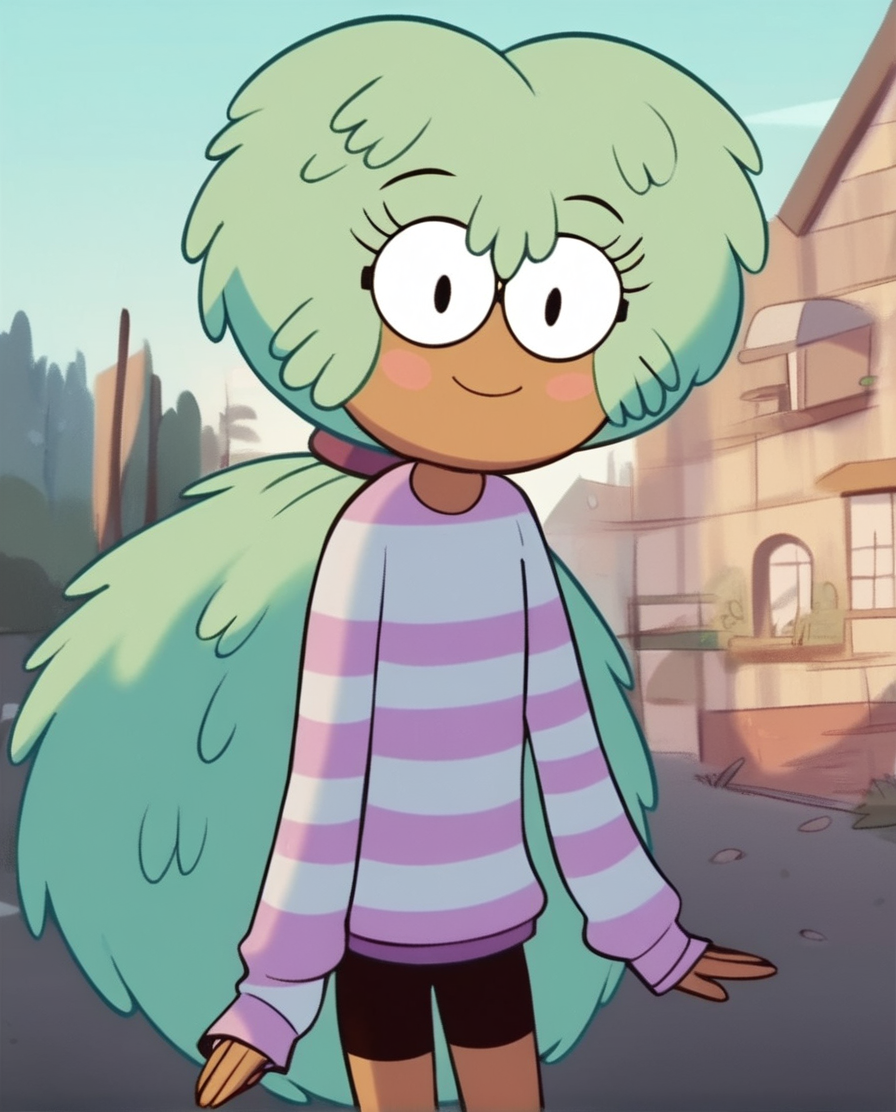 <lora:KellyStarVSPony:1.0> kelly, 1girl, glasses,green long hair, ponytail, blush stickers, striped,smile,happy, long sleeves, bike shorts, score_9, score_8_up, score_7_up, score_6_up, score_5_up, score_4_up, looking at viewer, cowboy shot,outdoors,