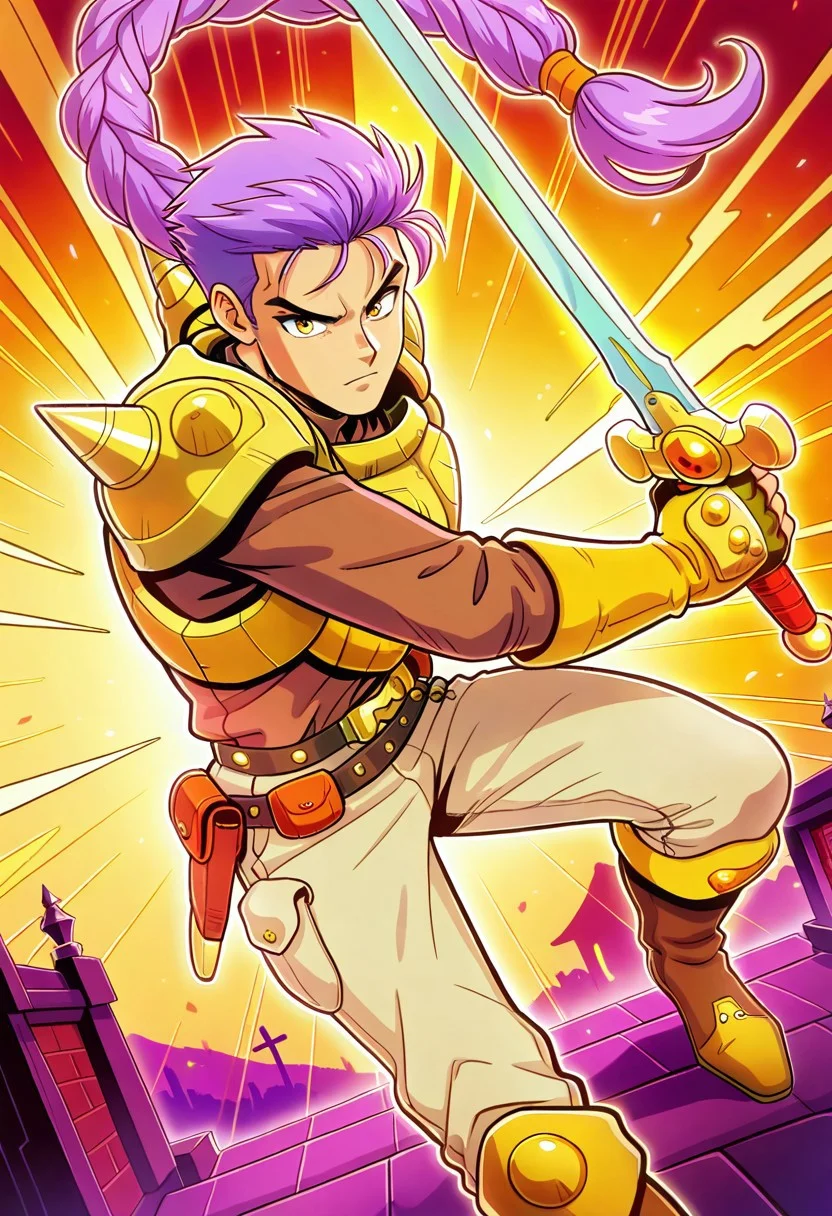 masterpiece, best quality, amazing quality, very aesthetic, absurdres, newest, myroffl3, 1boy, male focus, purple hair, long braided pony tail, spiked pauldrons, yellow armor, brown shirt, yellow fingerless gloves, belt with holster, belt with pouches, beige pants, boots, ((action pose)), close up, looking at viewer, sword, holding sword
