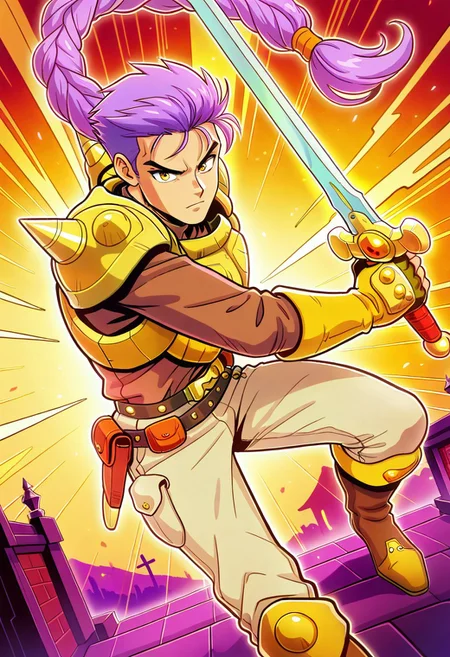 masterpiece, best quality, amazing quality, very aesthetic, absurdres, newest, myroffl3, 1boy, male focus, purple hair, long braided pony tail, spiked pauldrons, yellow armor, brown shirt, yellow fingerless gloves, belt with holster, belt with pouches, beige pants, boots, ((action pose)), close up, looking at viewer, sword, holding sword