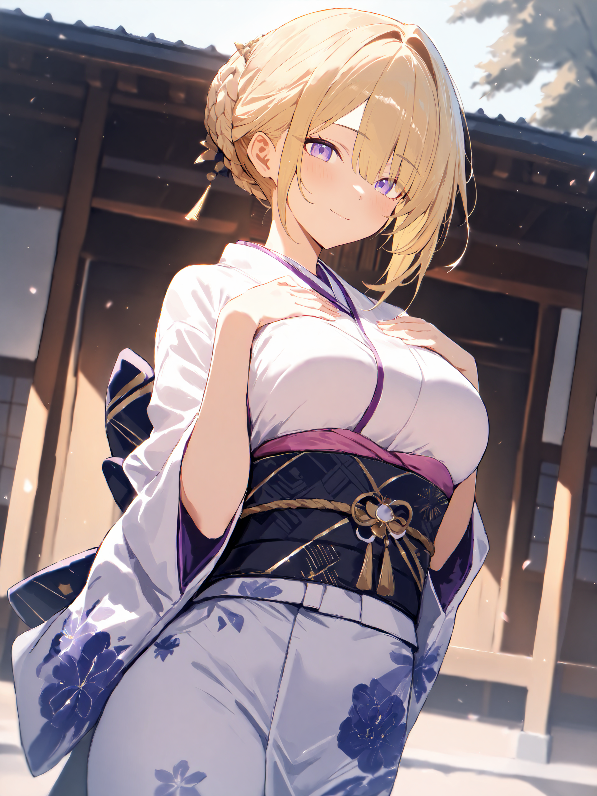 masterpiece, high score, great score, absurdres, blonde hair, purple eyes, <lora:Char-ZZZ-Evelyn-V1-XL:1:hr=0.6>, 1girl, solo, evelyn chevalier, braided bun, hair up, kimono, obi, sash, tabi, standing, cowboy shot, hands on own chest, light smile, east asian architecture, outdoors, blurry background, masterpiece