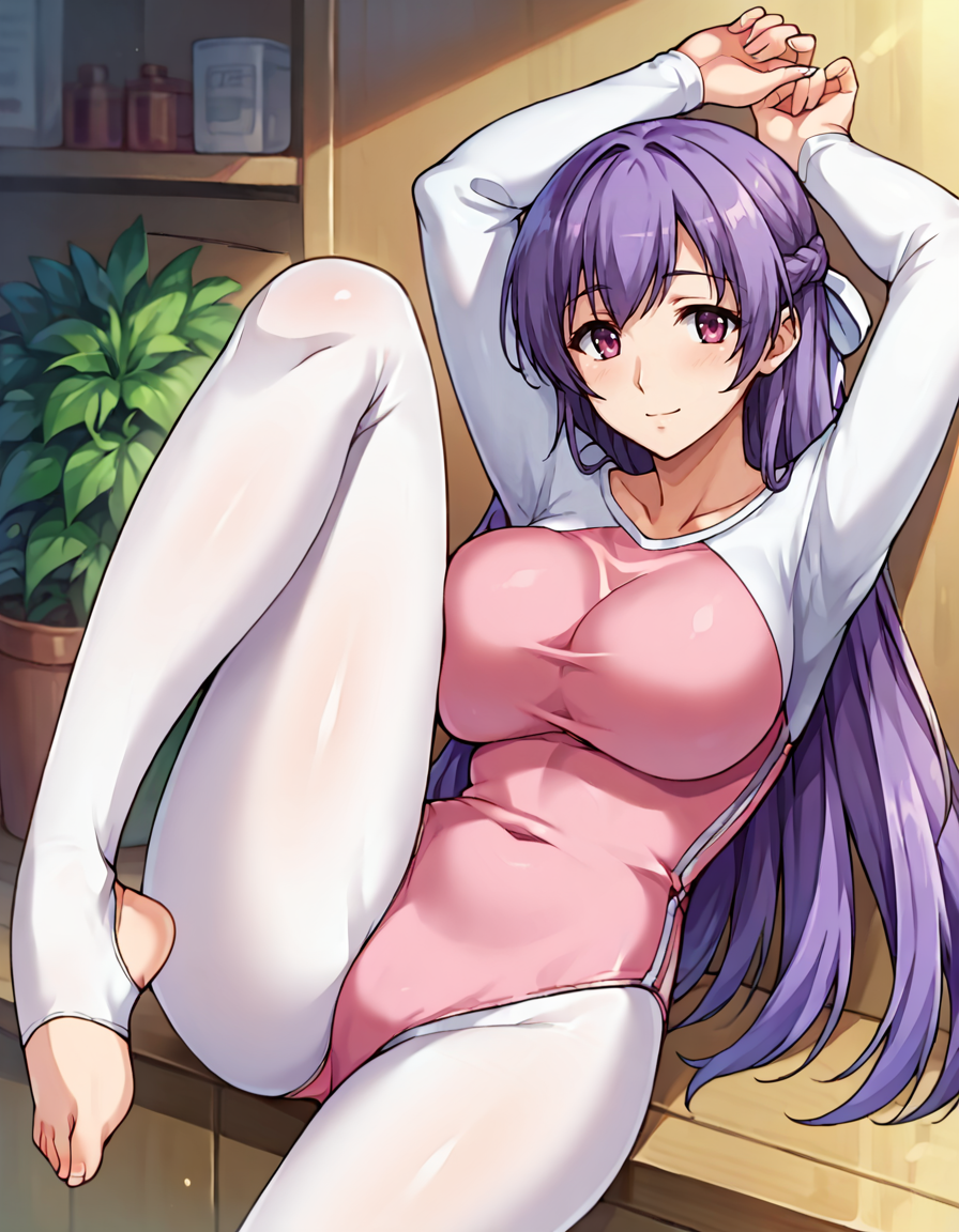 score_9,score_8_up,score_7_up,score_6_up,score_5_up,score_4_up,1girl, <lora:yukari shinjou:0.75> yukari shinjou,large breasts,long hair,purple hair, half updo,white ribbon,smile,looking at viewer,gymnastics,pink leotard,(white long sleeves),white pantyhose,toeless legwear