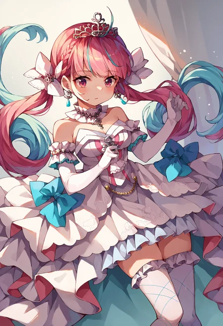score_9, score_8_up, score_7_up, uncensored, source_anime, 1girl, <lora:spminatoAquaXLPony:1> aquairo, tiara, earrings, hair ribbon, detached collar, white dress, strapless dress, frilled dress, white gloves, tiara, elbow gloves, white thighhighs, frilled thighhighs