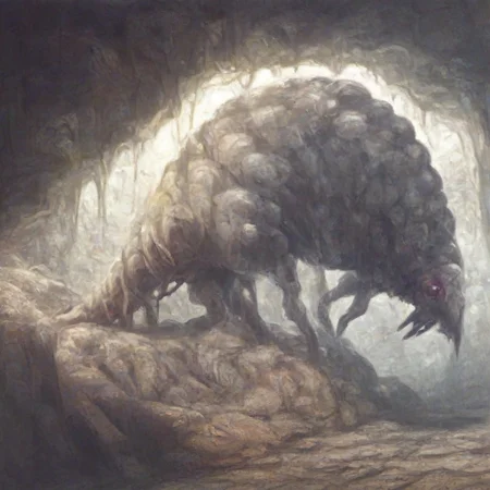 Dark Fantasy page, Inside a crypt. sluggirl woman,, stone, giant centipede, living mnoster made of stone,