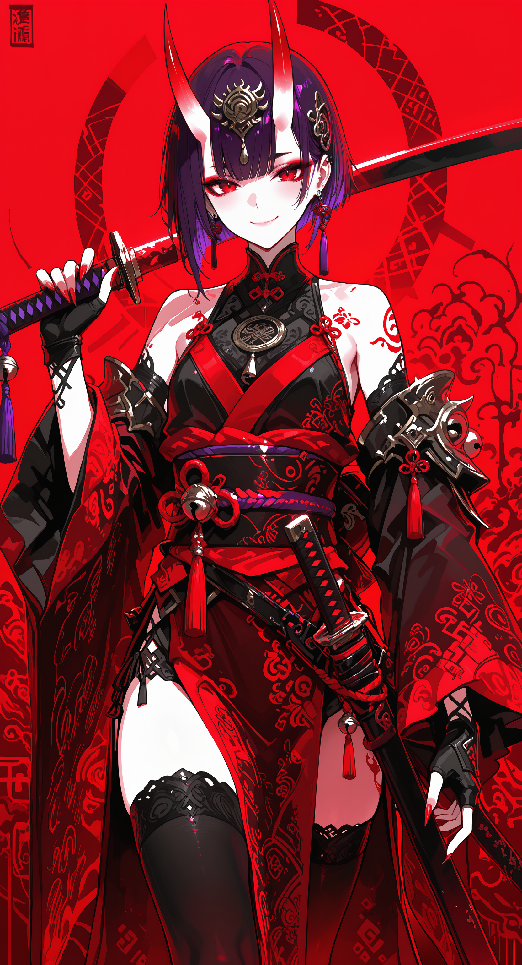 masterpiece, best quality, good quality, very awa, newest, highres, absurdres, 1girl, solo, looking at viewer, smile, short hair, long sleeves, hair ornament, gloves, red eyes, dress, thighhighs, holding, bare shoulders, purple hair, weapon, cowboy shot, earrings, horns, detached sleeves, japanese clothes, black thighhighs, sword, wide sleeves, fingerless gloves, holding weapon, fingernails, sash, makeup, bell, holding sword, chinese clothes, obi, katana, tassel, sheath, red background, sheathed, oni, sharp fingernails, headpiece, eyeliner, over shoulder, red theme, skin-covered horns, weapon over shoulder, patterned, limited palette, h4ra_illu <lora:illustriousXL_stabilizer_v1.23:0.3> <lora:NOOB_vp1_detailer_by_volnovik_v1:0.3> <lora:ponyv6_noobE11_2_adamW-000017:0.3> <lora:114558v4df2fsdf5:0.6> <lora:XXX667:0.4> <lora:-_iLL_-_the_edgy_mech_V2.0-:0.8>