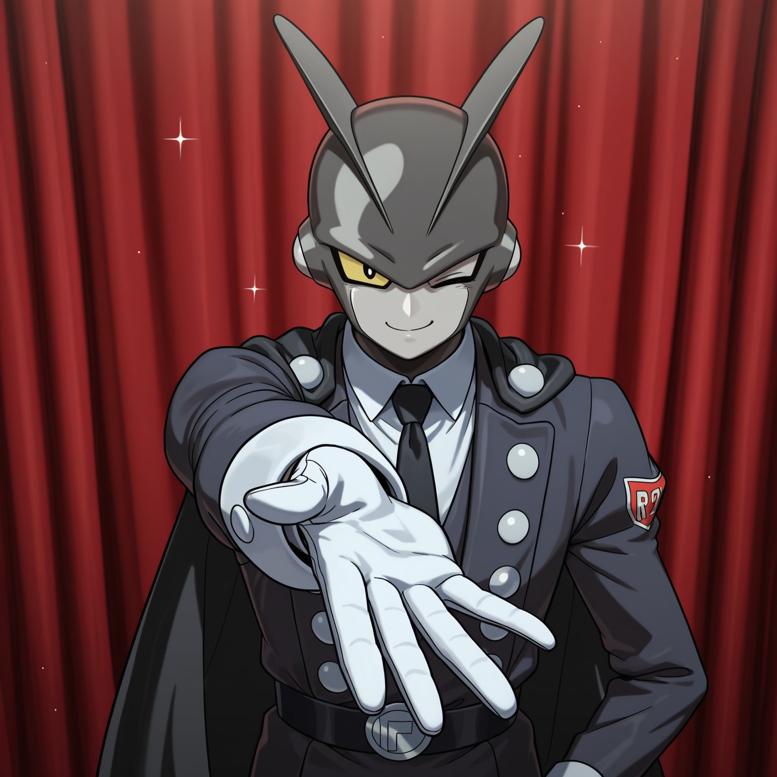 1boy, 2d, solo, DBSGamma2, male, android, humanoid, dark gray skin, light gray skin, two tone skin, yellow sclera, black pupils, two fins on head, black tuxedo, white gloves, black tie, white inner shirt, curtains, black cape, 

BREAK standing, on stage, sparkles, looking at viewer, winking, extending hand towards viewer, inviting, smile

BREAK best quality, amazing quality, very aesthetic, absurdres, newest, masterpiece, high quality, highres