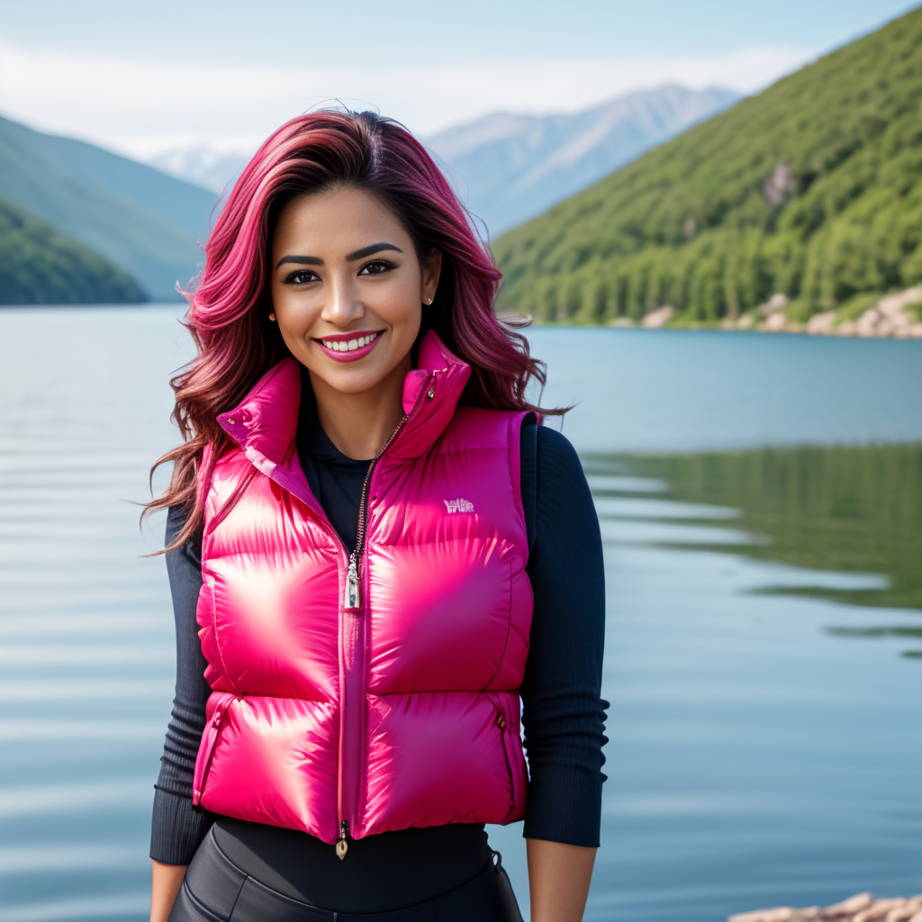 (full body shot),cute one latino 40 year old women,unique, wearing a red and pink  cropped_puffer_vest unique hair styles, 8k uhd, dslr, soft lighting, high quality, photorealistic, realism, hyperrealism,   smile ,  lake scene, posing for a photoshoot
 <lora:cropped_puffer_vest_v2-000008:0.7>