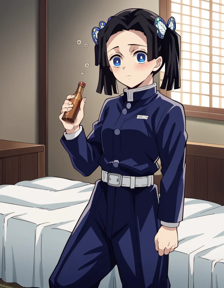 score_9, score_8_up, score_7_up, source_anime,
aoikanzaki, <lora:aoi-kanzaki-anime-ponyxl-lora-nochekaiser:1>,
aoi kanzaki, blue eyes, black hair, hair ornament, twintails, butterfly hair ornament,
long sleeves, belt, pants, blue jacket, white belt, demon slayer uniform, blue pants,
indoors, bed, bed room, on side, blush, drunk,
solo, looking at viewer, cowboy shot, dutch angle,