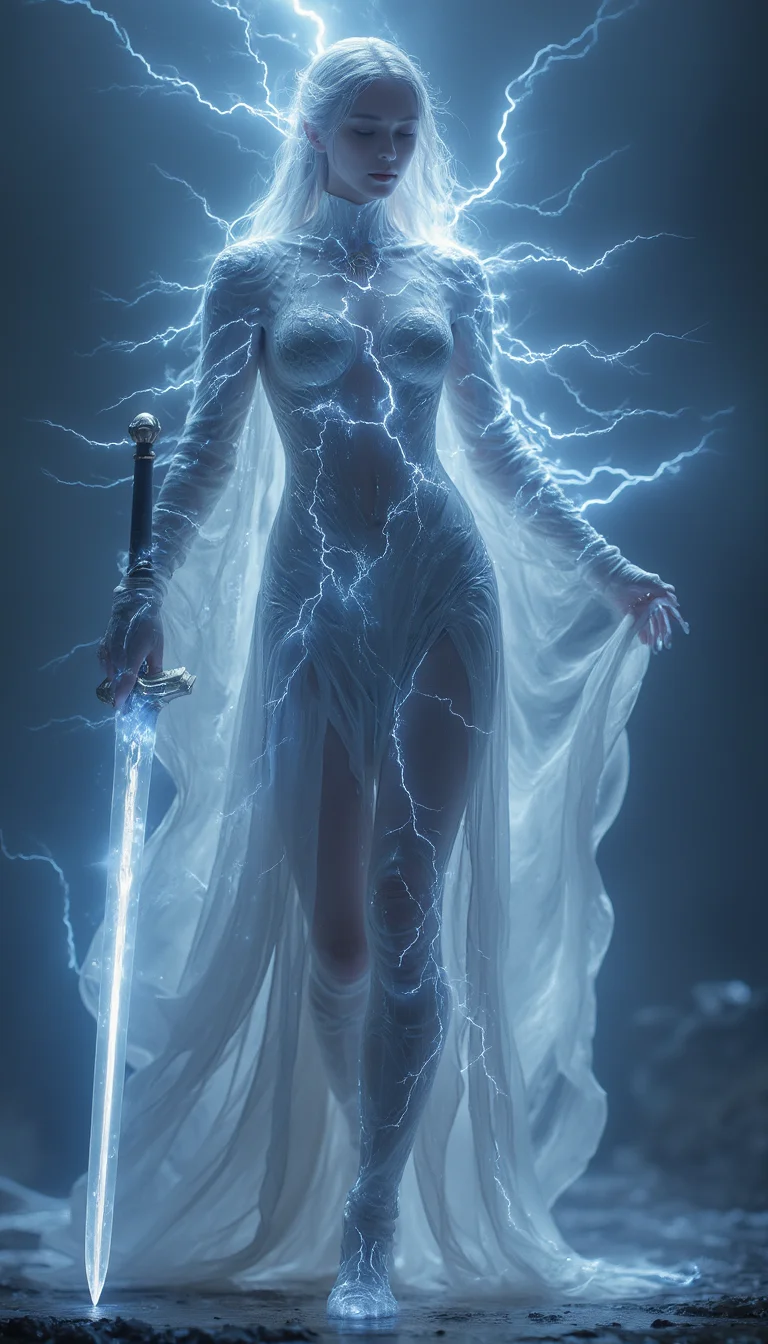 bailing_lightning, 1girl, composed of elements of thunder,thunder,electricity,A magic sword knight,His form is barely tangible,with a soft glow emanating from his gentle contours,The surroundings subtly distort through her ethereal presence,casting a dreamlike ambiance,white lightning,Surrounded by thunder and lightning elemental magic,